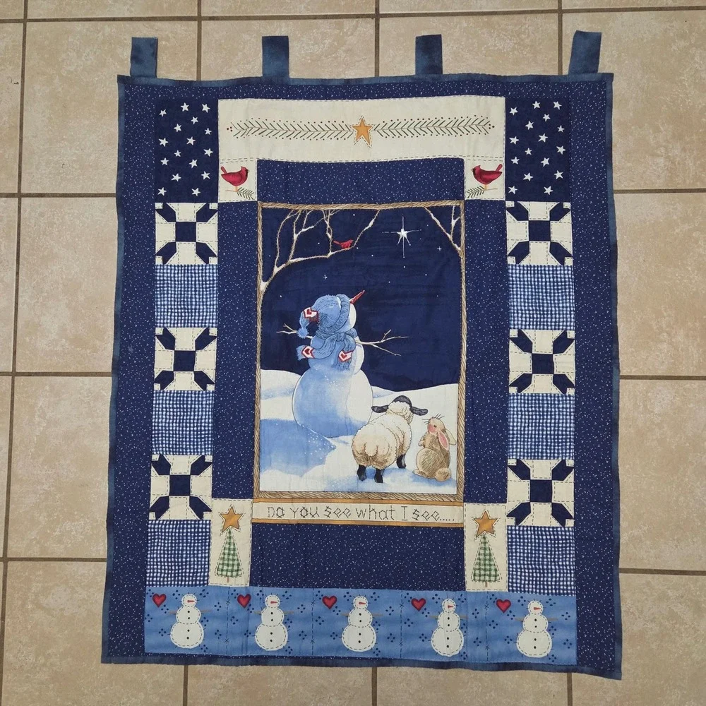 Handmade Quilted Christmas Wall Hanging Snowman Sheep Do You See What I See Blue